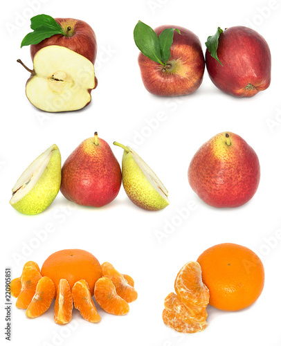 Fototapeta Naklejka Na Ścianę i Meble -  a lot of ripe and juicy fruit on a white background. Apples and pears and Mandarin together. 