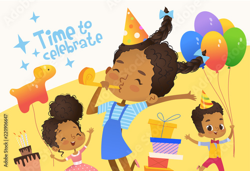 Joyous African-American kids in birthday hats and balloons happily jump. Cute rabbits, a bunch of presents on the background. Vector Illustration of a Happy Birthday Greeting Card or invitation flyer.