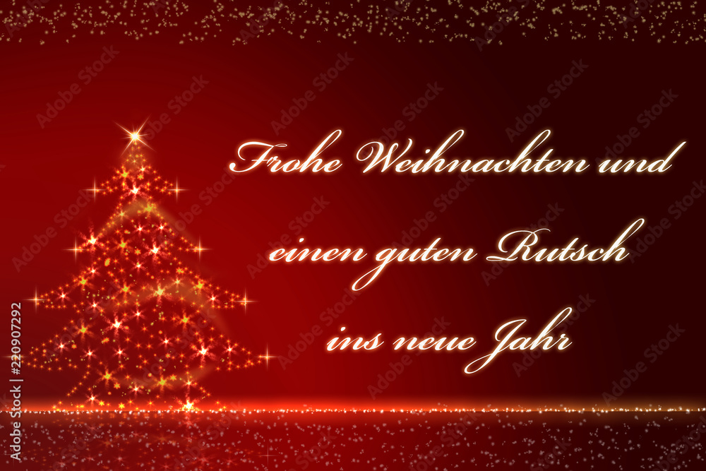 gold glittering Christmas tree against a red blurred background with the text Frohe Weihnachten und einen guten Rutsch ins neue Jahr