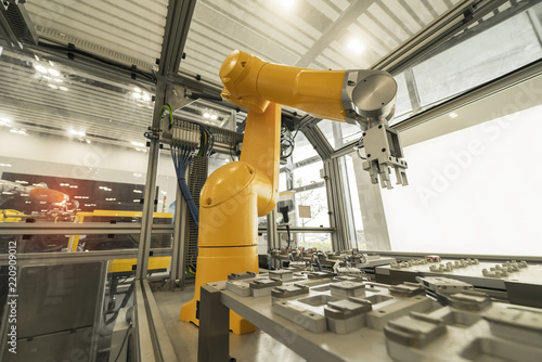Robotic Arm production lines modern industrial technology. Automated production cell.