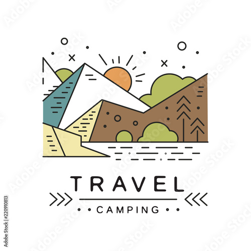 Travel camping logo design, adventure, travel, tourism, mountaineering and outdoor activity label vector Illustration