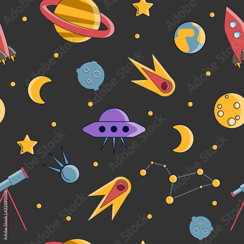 Cartoon flat kids space and cosmos science seamless pattern. Planet  rockets  stars and other space elements in simple cute vector background for children. Kids science and curiosity ideas on space