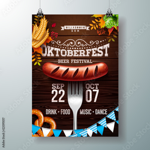 Oktoberfest poster illustration with typography letter, pretzel, sausage and autumn leaves on wood texture background. Vector celebration flyer design template with blue and white party flag for