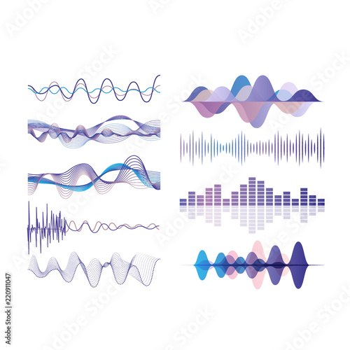 Sound waves set, audio digital equalizer technology, musical pulse vector Illustrations on a white background