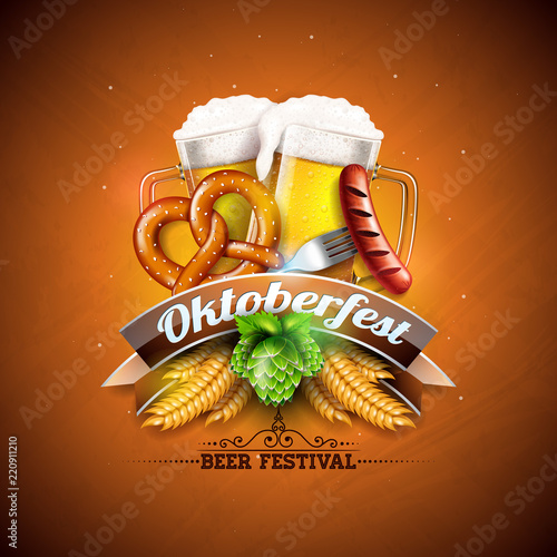 Oktoberfest Banner Illustration with Fresh Beer, Wheat and Hop on Shiny Yellow Background. Vector Traditional German Beer Festival Design Template with Bavaria Party Flag, and Autum Leaves for