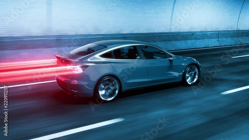 Modern Electric car rides through tunnel with cold blue light style