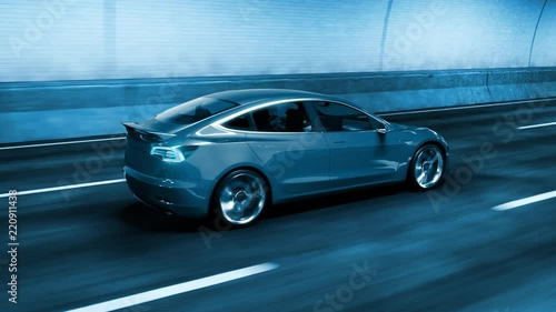 Modern Electric car rides through tunnel with cold blue light style photo