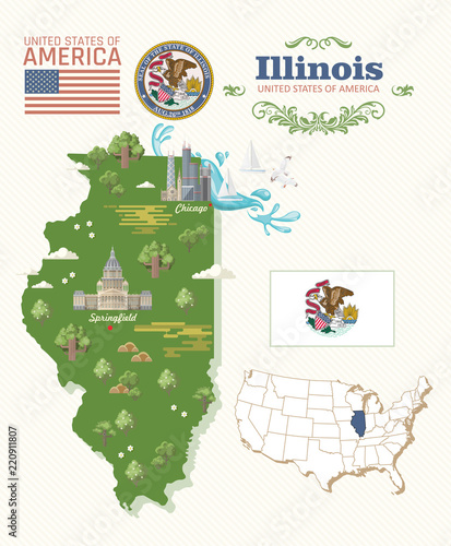 Illinois state. United States of America. Postcard from Chicago and Springfield. Travel vector