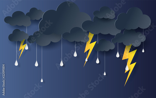 Paper art and craft style of black Cloud and Lightning rainy season on dark background.Thunder storm effects  flash shape outdoors.vector.illustration