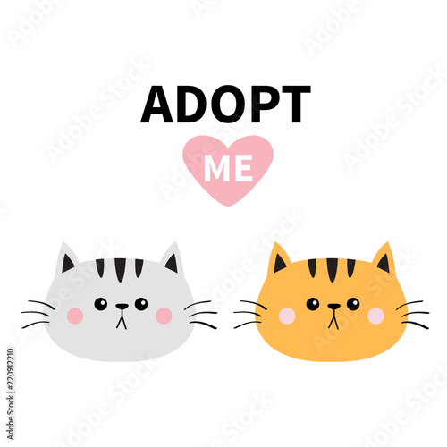 Orange gray cat round face silhouette set. Adopt me. Pink heart. Pet adoption. Kawaii animal. Funny baby kitten. Cute cartoon kitty character.Help homeless animal Flat design. White background