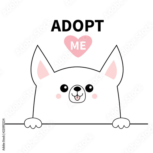 Chihuahua dog head face. Hands paw holding line. Adopt me. Help homeless animal Pet adoption. Pink heart. Cute cartoon puppy character. Funny baby pooch. Flat design. White background