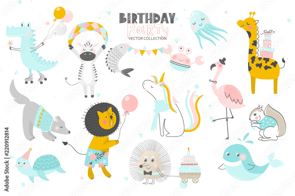 Fototapeta premium Happy Birthday.Cute Animals hand drawn style. Vector collection.