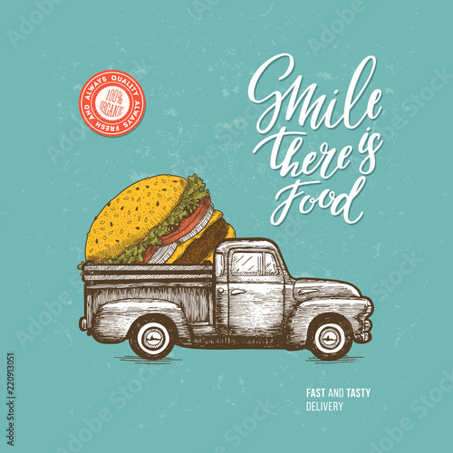 Summer burger truck delivery design template. Menu template. Fast food. Vector illustration