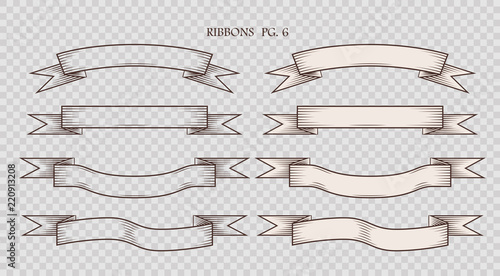 Set of simplified vintage hand drawn ribbons isolated on the sham transparent background. Collection of retro labels, banners and logo elements. Logotype design. Vector illustration.
