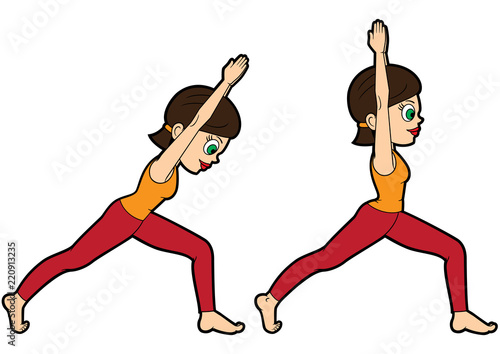 Yoga asana set warrior one/ Illustration cartoon girl doing virabhadrasana I. Two variations