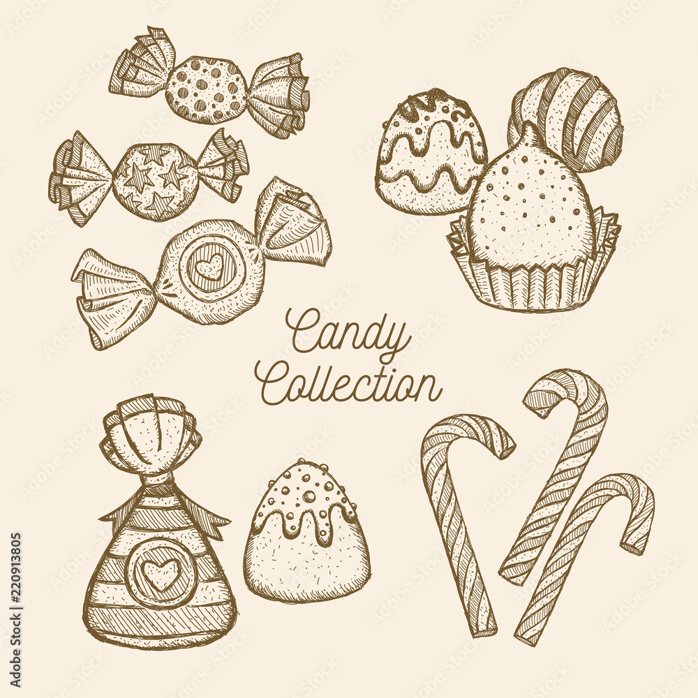 Candy set. Hand drawn in a graphic style. Vector illustration on white background Candy set. Hand drawn in a graphic style. Vector illustration on white background