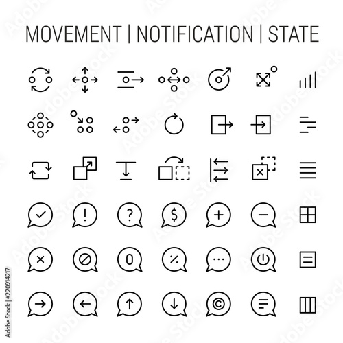 Movement. Notifications. States. Icons set. Black on white. photo