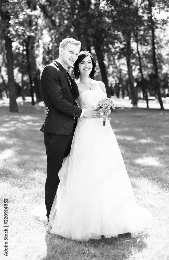 black-and-white photo of the bride and groom on the background of a Park black-and-white photo of the bride and groom on the background of a Park