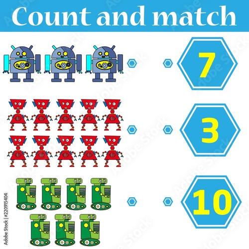 Counting game for preschool kids. Educational and mathematical game for children. Count and match - worksheet for kids