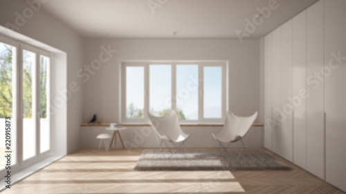 Blur background interior design, minimal living room with armchair carpet, parquet floor and panoramic window, scandinavian architecture