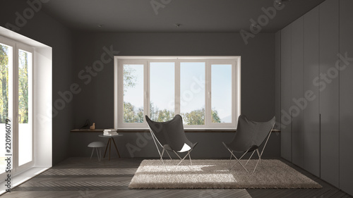 White and gray minimal living room with armchair carpet  parquet floor and panoramic window  scandinavian architecture  modern interior design