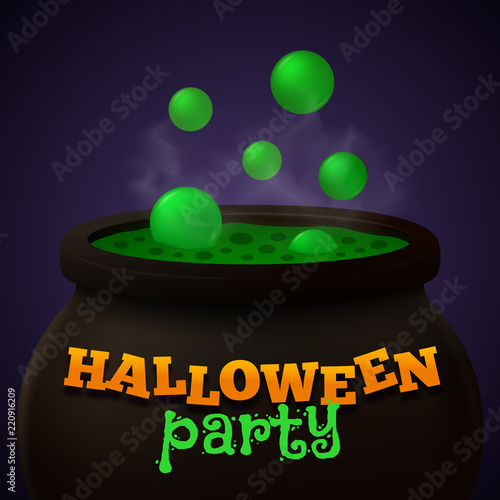 Halloween party banner with hot green potion in old witch's cauldron. Vector illustration