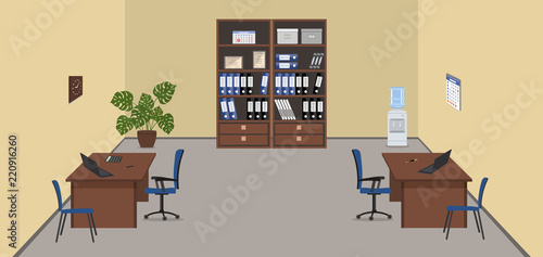Beige office room with a brown furniture. There are desks, blue chairs, cabinets for documents, water cooler and flower in the picture. Vector illustration.