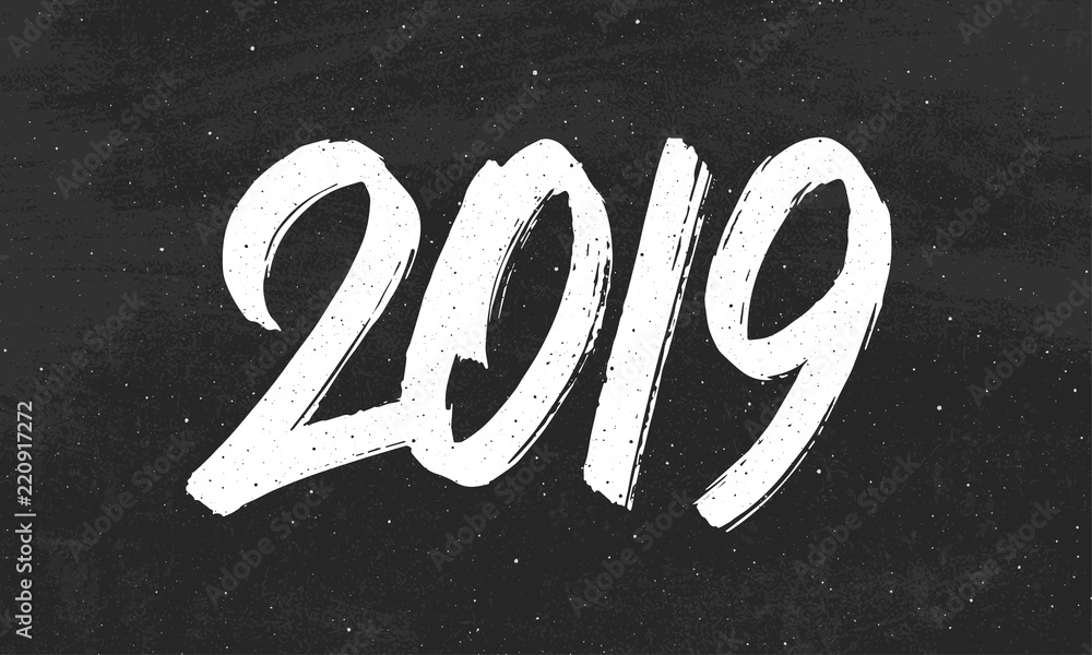 Happy New Year 2019 greeting card design with typography text on black chalkboard background. Vintage vector illustration with hand drawn lettering for Chinese Year of the Pig. Happy New Year 2019 greeting card design with typography text on black chalkboard background. Vintage vector illustration with hand drawn lettering for Chinese Year of the Pig.