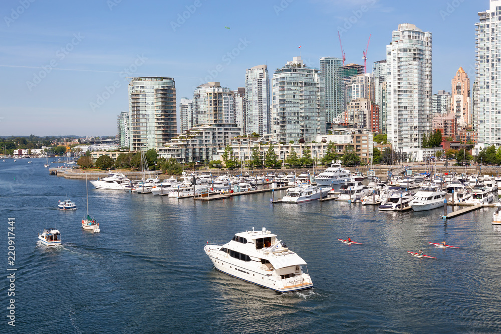 Vancouver, BC, Canada - August 5, 2018: Aerial view of False Creek during a sunny summer day.