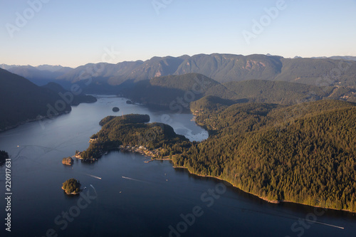 Aerial view of Deep Cove during a vibrant sunny summer evening. Taken in Vancouver, BC, Canada.