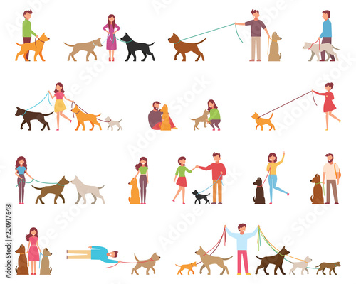 Young people are walking dogs. Variety of rocks. The dog is next to its owner on a leash. Vector illustration in a flat style on a white background cartoon