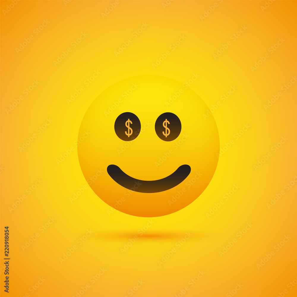 Smiling Emoji with Dollar Sign the in Eyes - Simple Happy Emoticon on Yellow Background - Vector Design Illustration Smiling Emoji with Dollar Sign the in Eyes - Simple Happy Emoticon on Yellow Background - Vector Design Illustration