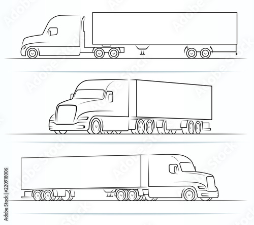 American road train silhouettes, outlines, contours. Side and perspective view of the semi truck with a trailer. Vector illustration isolated on white background
