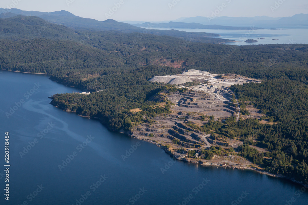 Aerial view of Coal Mining Industry on Texada Island, Powell River, Sunshine Coast, BC, Canada.