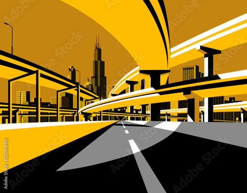 Highway overpass road and city skyline in flat style