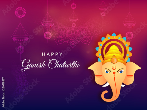 Shiny purple poster or banner design with illustration of Lord Ganesha face for Ganesh Chaturthi festival celebration.