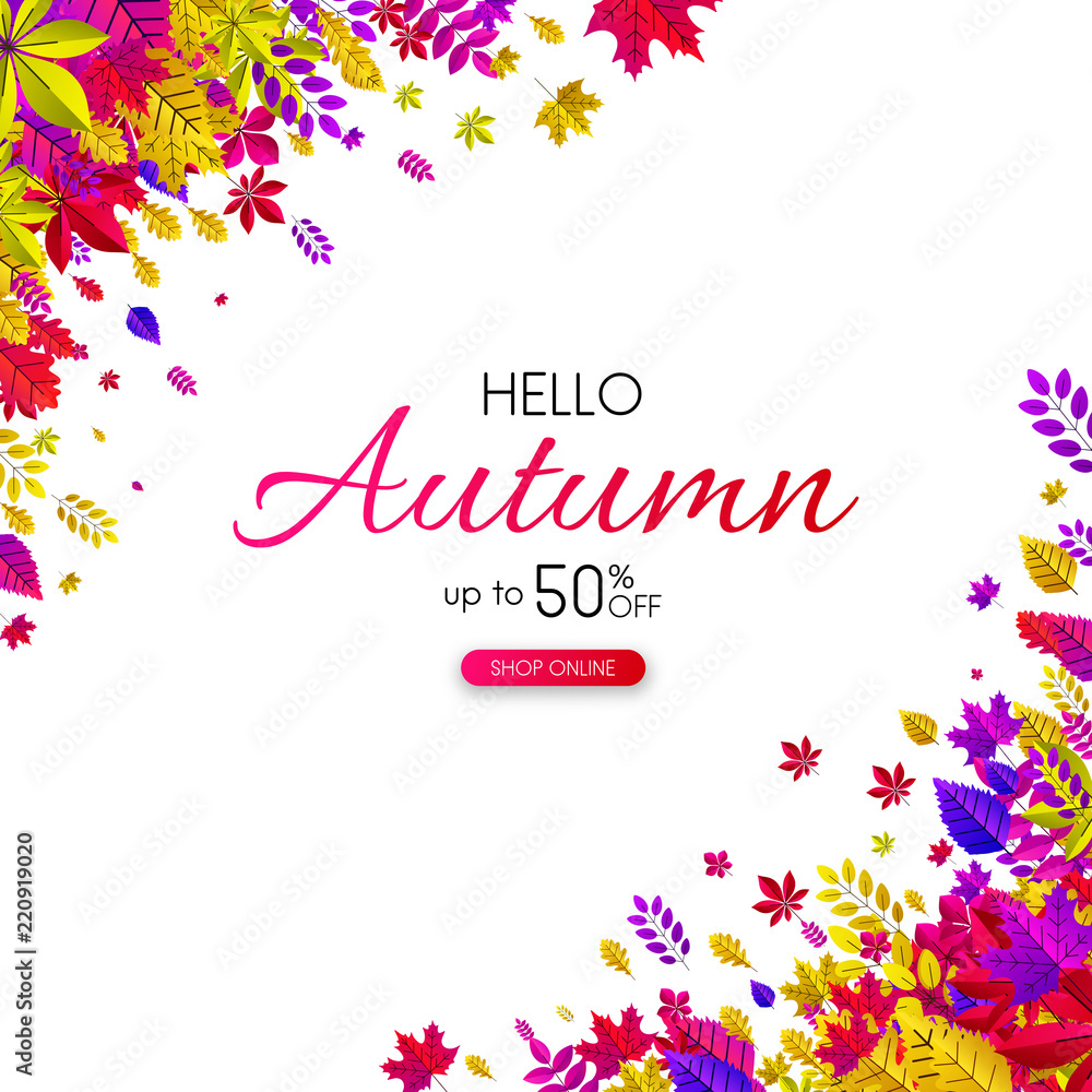 Hello autumn 50% sale. Promo card with colorful leaves.
