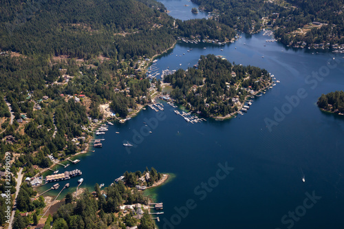 Aerial view of Madeira Park during a sunny summer day. Taken in Sunshine Coast, BC, Canada.