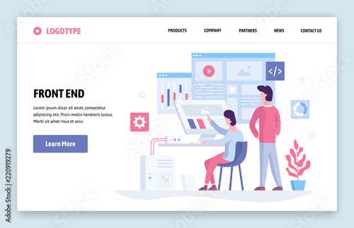 Vector web site linear art design template. Front end development team using futuristic dashboard and analyze data. Landing page concept for website and mobile development. Modern flat illustration