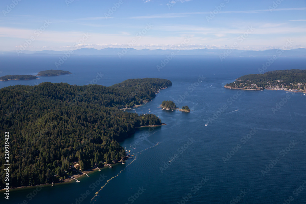 Aerial view of Keats Island during a sunny summer day. Located in Howe Sound, Northwest of Vancouver, BC, Canada.