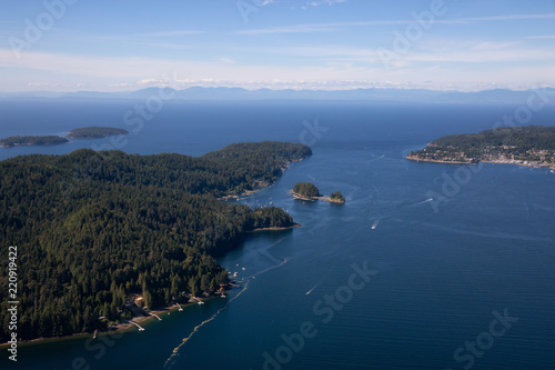 Aerial view of Keats Island during a sunny summer day. Located in Howe Sound, Northwest of Vancouver, BC, Canada.