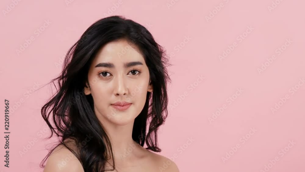 Portrait of beautiful woman with happy emotion at pink background. People with beauty, healthy, fashion concept. 4k resolution. Portrait of beautiful woman with happy emotion at pink background. People with beauty, healthy, fashion concept. 4k resolution.
