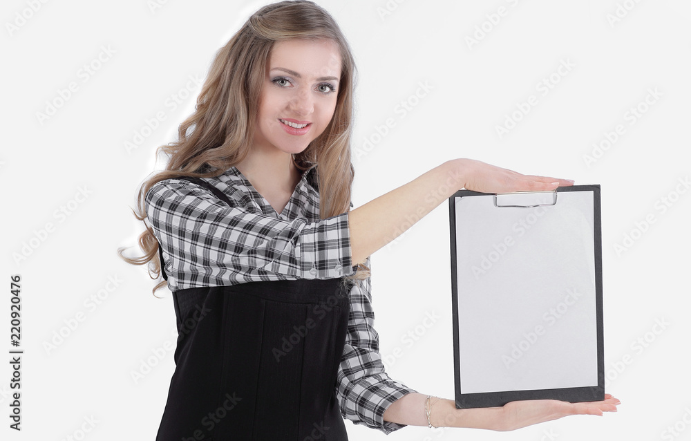 young business woman showing blank sheet. isolated on white young business woman showing blank sheet. isolated on white