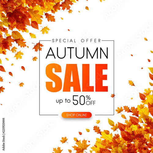 Autumn 50% sale. Promotion card with golden leaves.