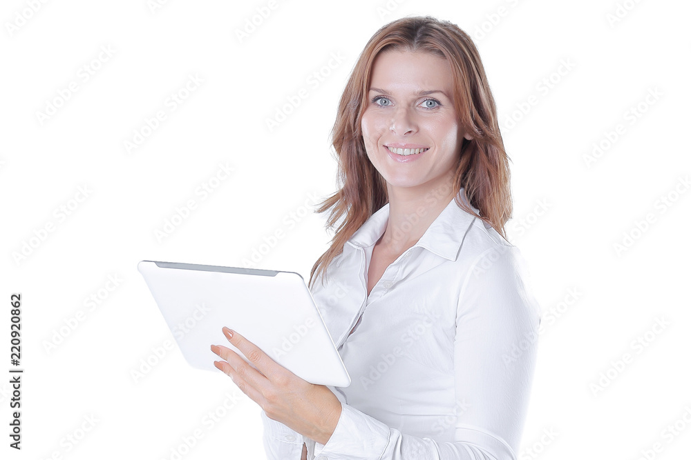 close up.young business woman with digital tablet. isolated on white close up.young business woman with digital tablet. isolated on white