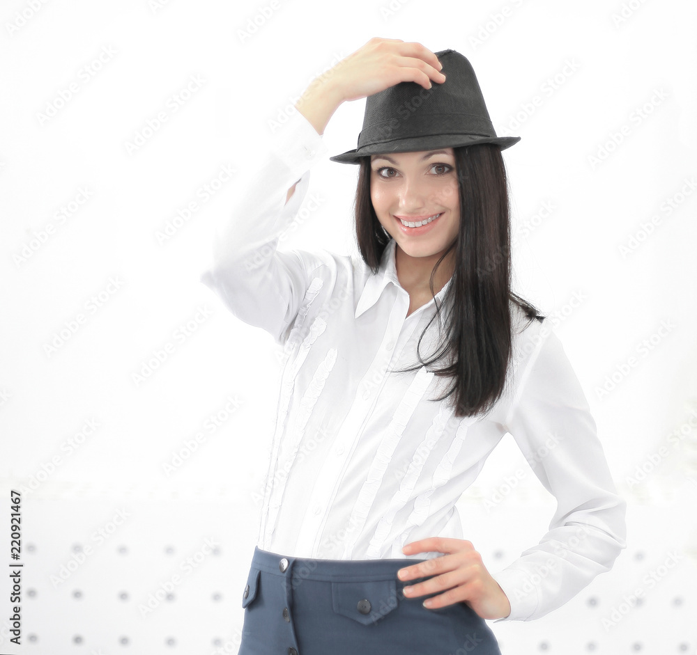 portrait of a smiling beautiful woman assistant in the hat portrait of a smiling beautiful woman assistant in the hat
