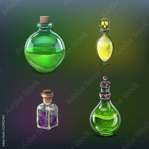 Poison magic bottles. Cartoon style game icons set