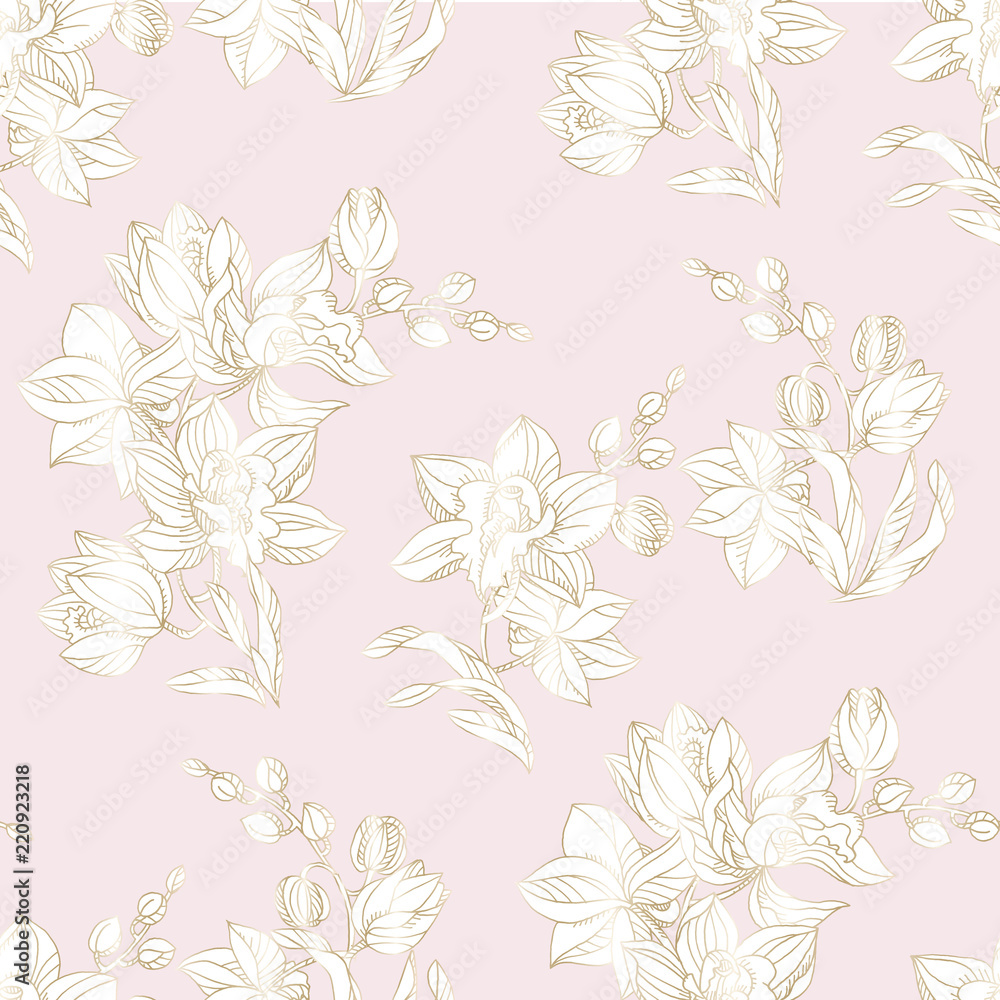 Orchid seamless pattern in pastel and gold color