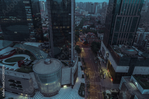 Aerial View of business area and cityscape in dawn, West Nanjing road, Jing`an district, Shanghai photo