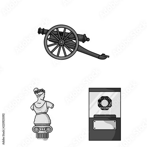 Museum and gallery monochrome icons in set collection for design. Storage and exhibition of showpiece vector symbol stock web illustration.